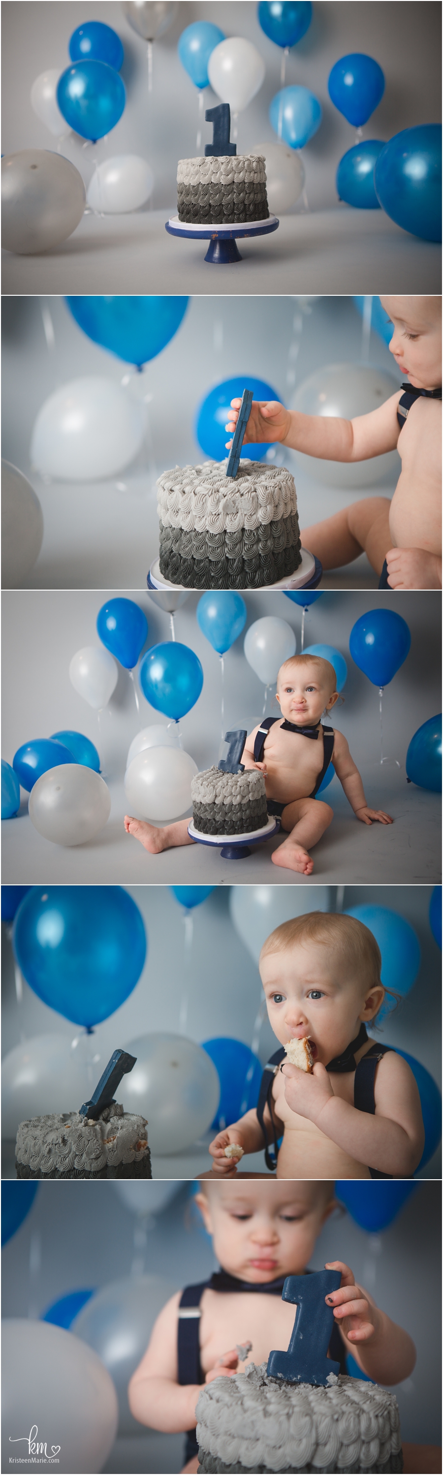blue, grey and silver balloon themed cake smash session 