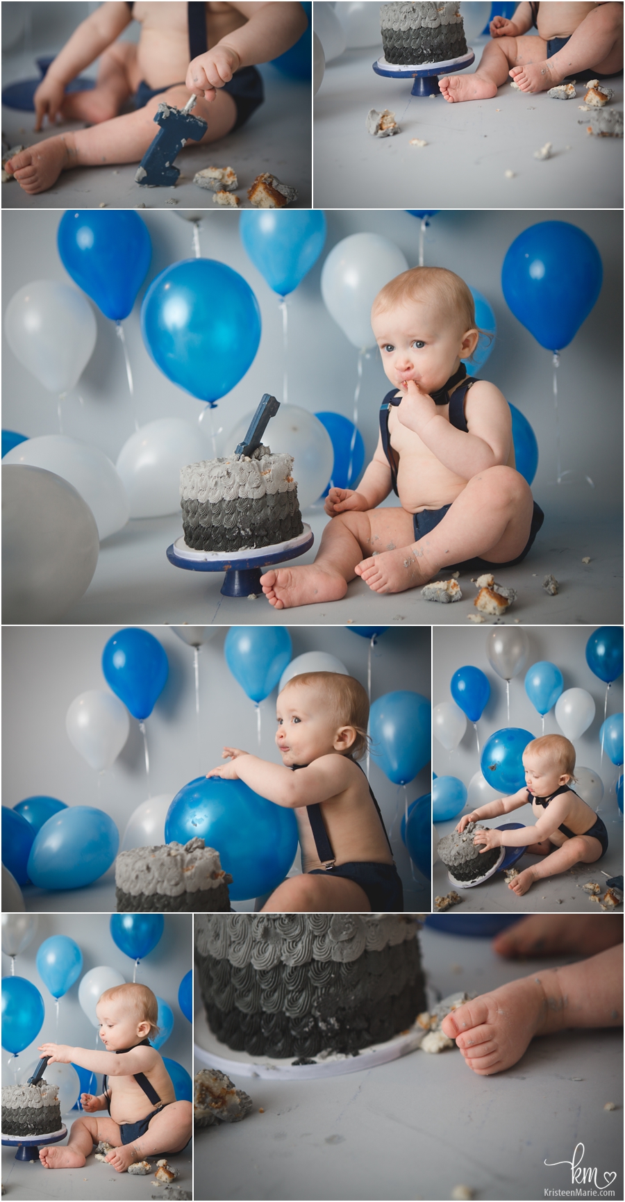 1st birthday cake smash - blue and grey balloons 