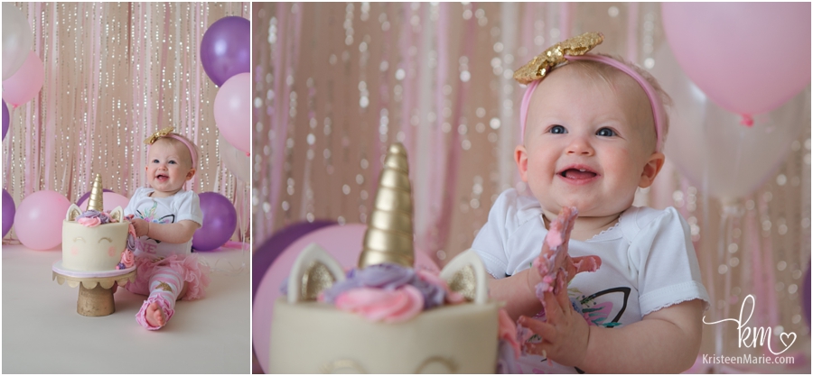 1st birthday pictures - unicorn cake smash session in Indianapolis, IN
