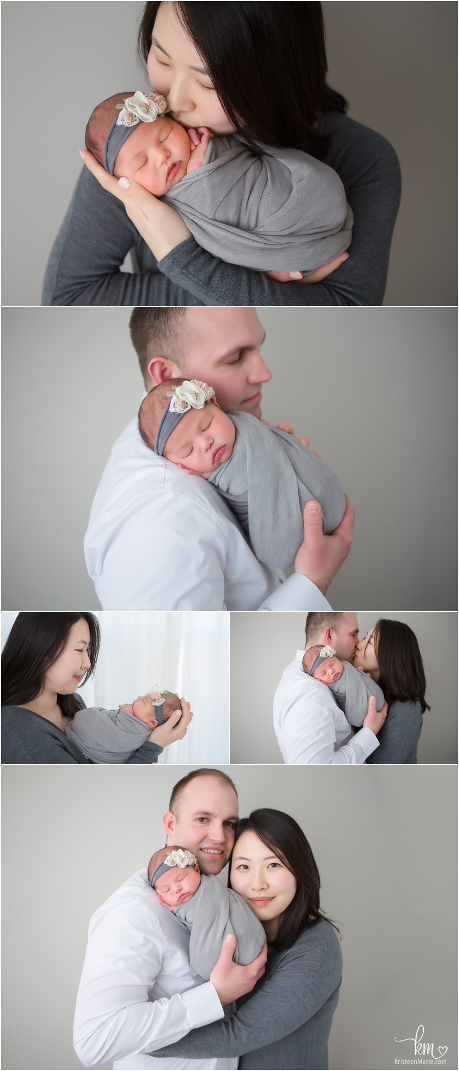 family shots with newborn baby girl - grey and white tones