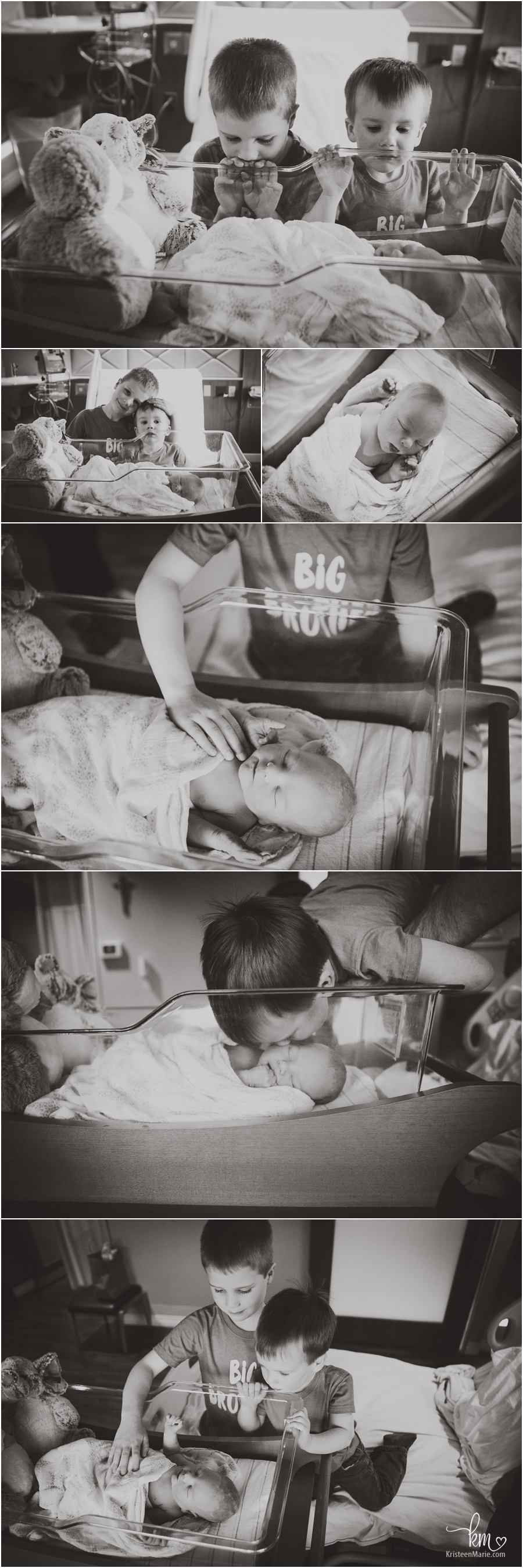 black and white images of meeting baby sibling for first time in hospital - Carmel Indiana Fresh 48 session