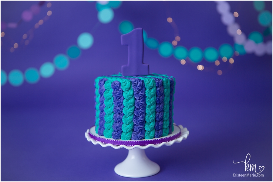 Purple and teal 1st birthday cake