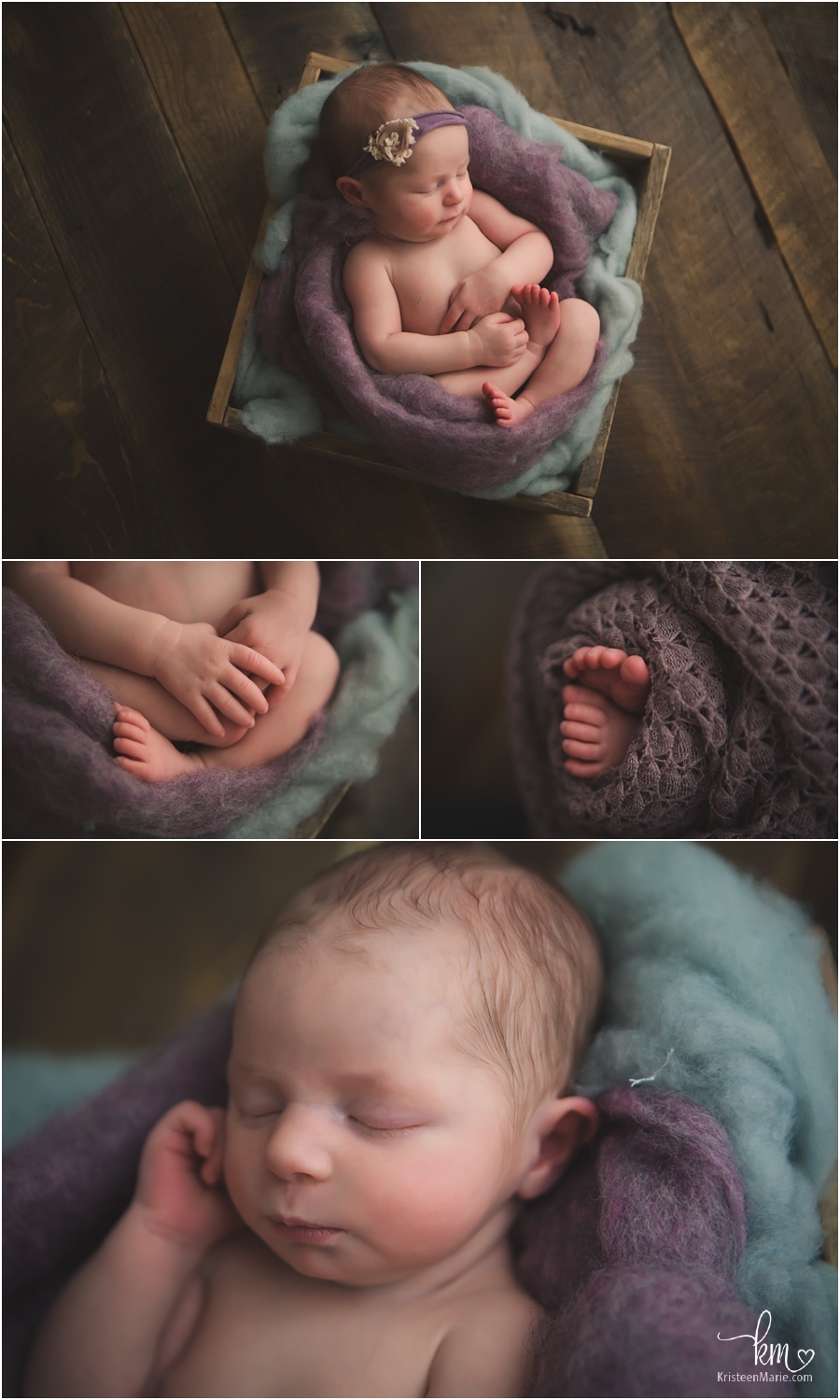 newborn baby girl in box - purple and teal