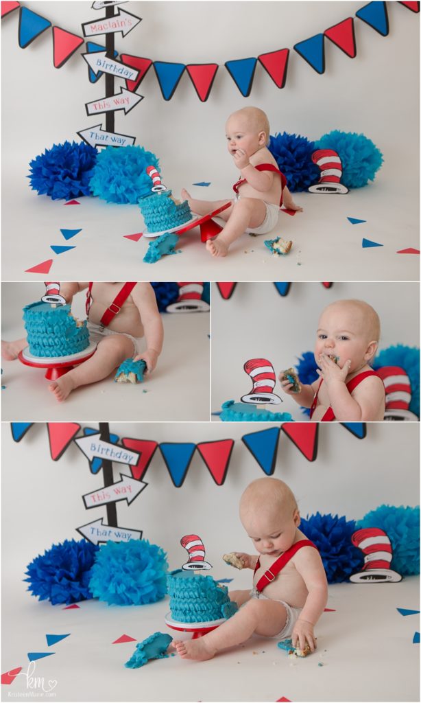 Maclain's Cat in the Hat Dr. Seuss First Birthday Cake Smash Session · KristeenMarie Photography