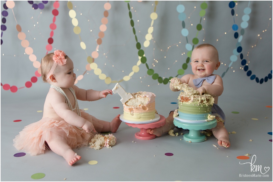 twin boy and girl 1st birthday cake smash session