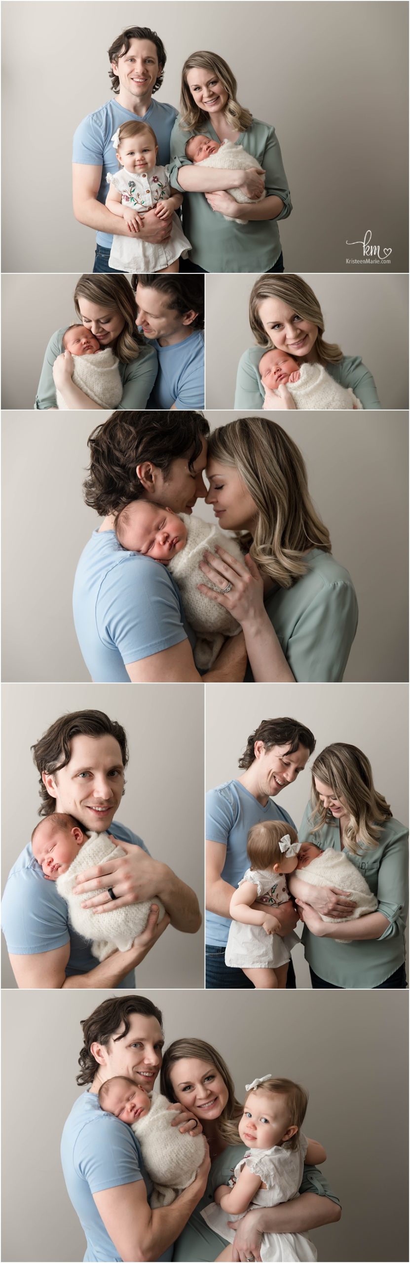 family pictures with newborn baby - neutral colors family poses - family of 4