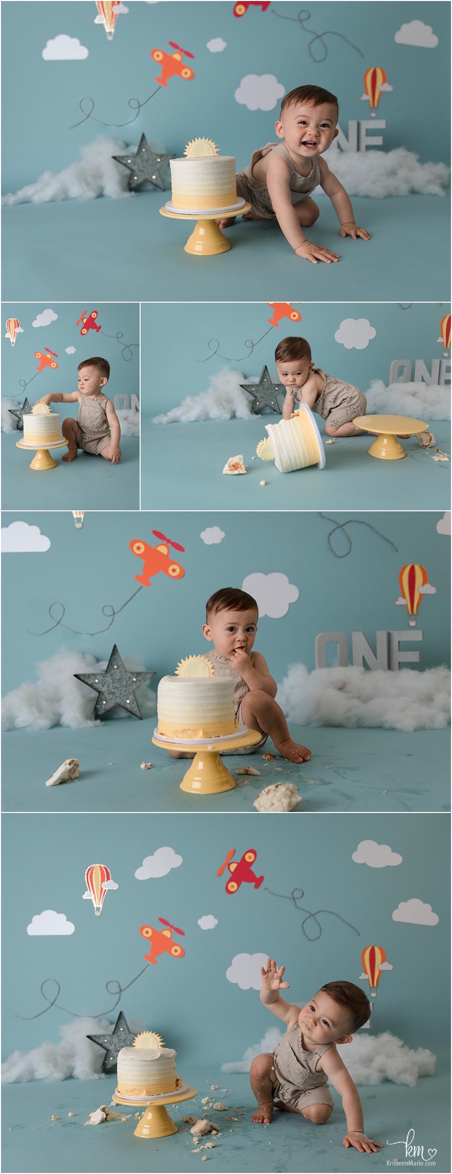 airplanes and clouds cake smash session in blue and white 