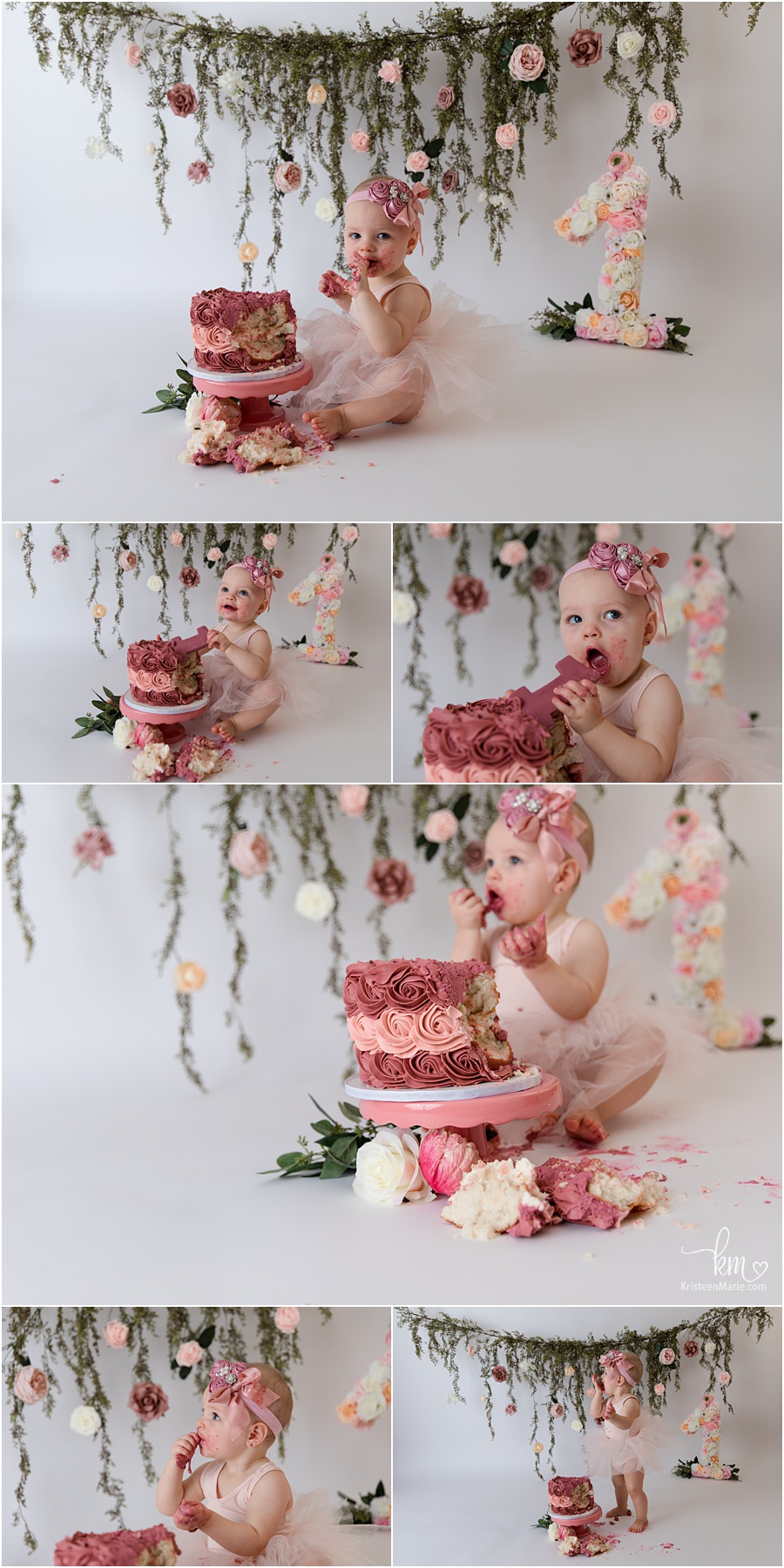 blush floral pink 1st birthday cake smash session