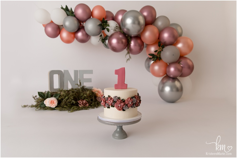 silver, mauve, blush, pink, floral cake smash photography setup 