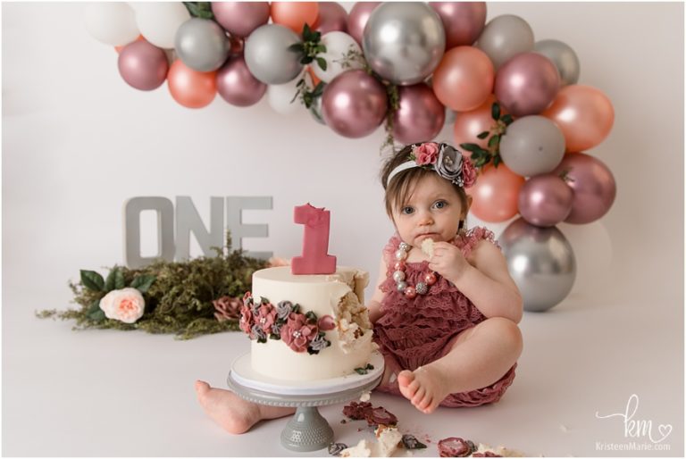 Finley's 1st Birthday Blush, Mauve, and Silver Floral Cake Smash · KristeenMarie Photography