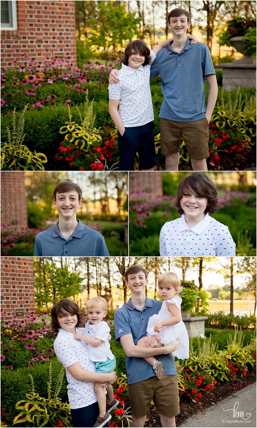 the kids outdoors - older siblings and younger sibling poses