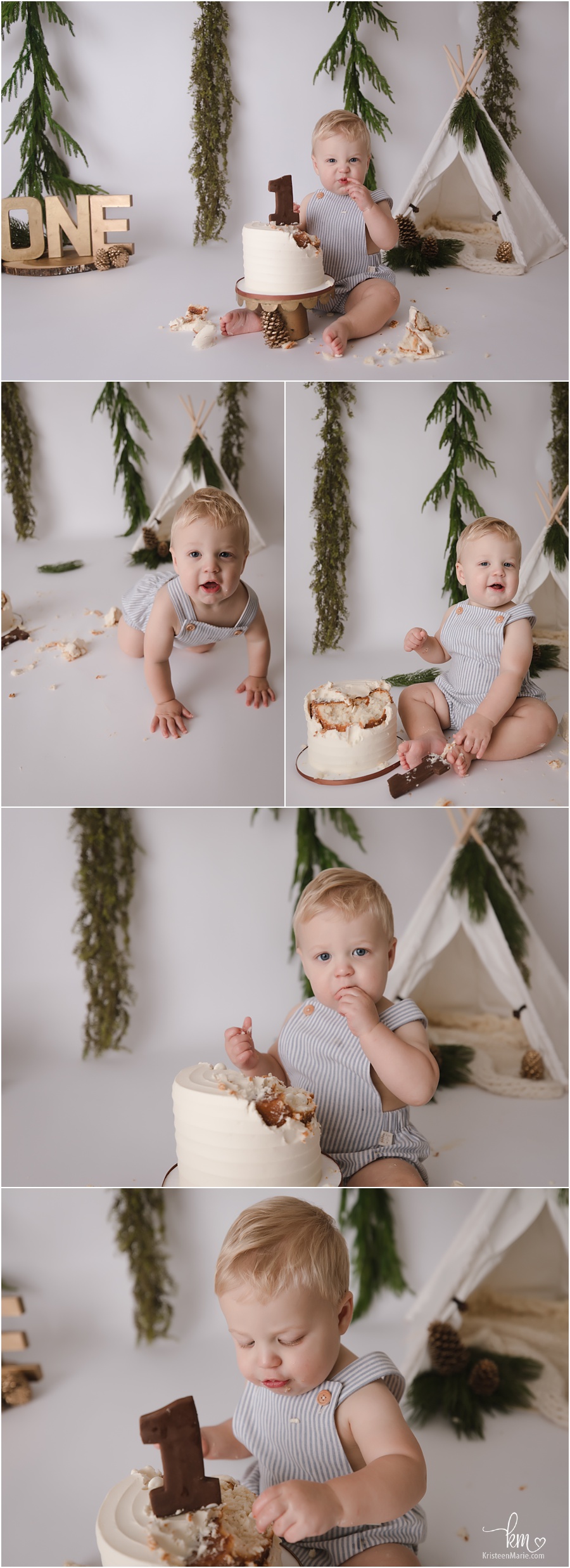 evergreen cake smash set-up for baby's 1st birthday