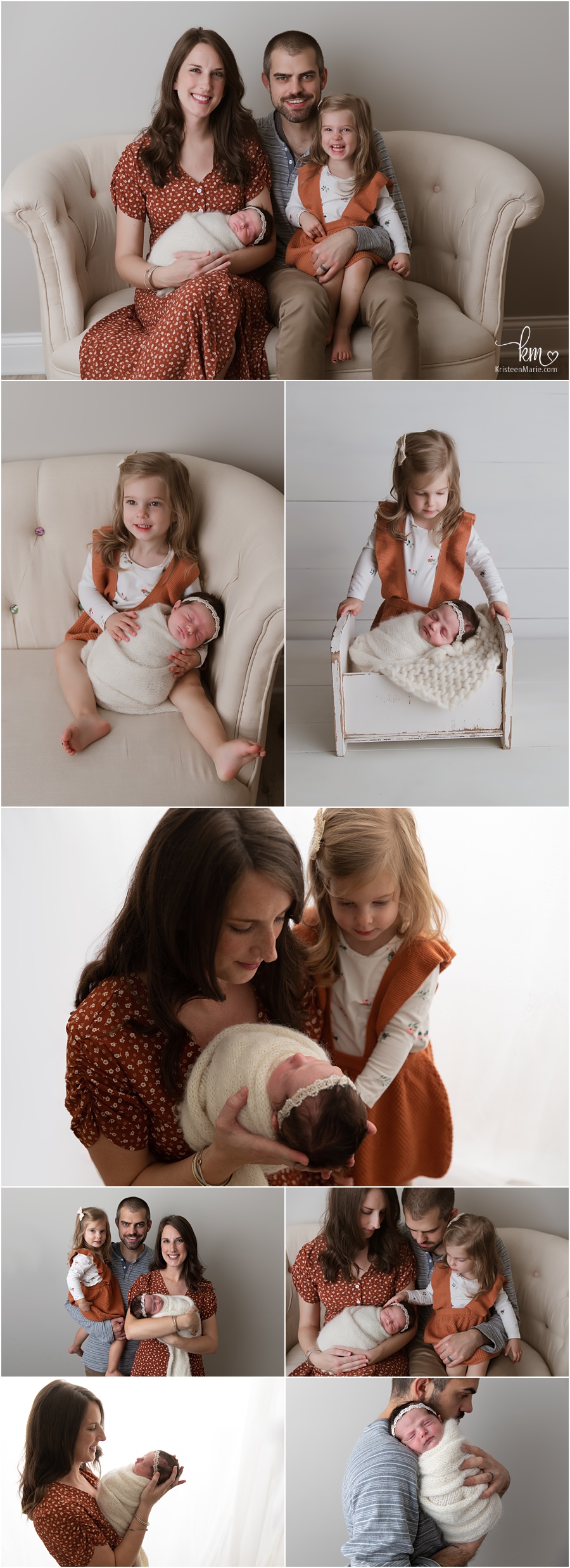 family poses for newborn photography in Indianapolis photography studiostudio
