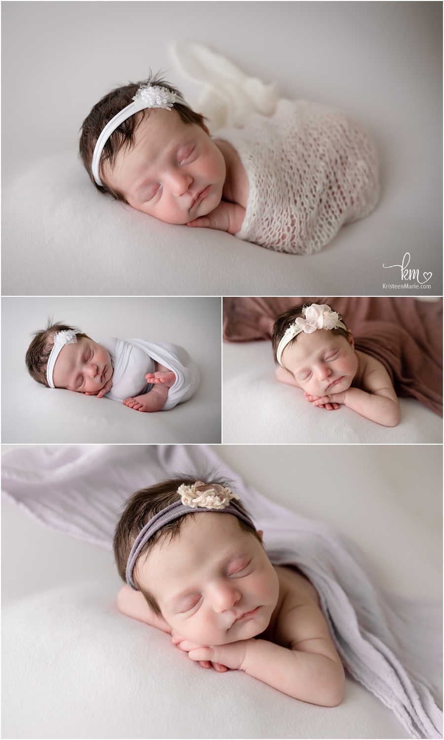 sleeping newborn girl on white backdrop