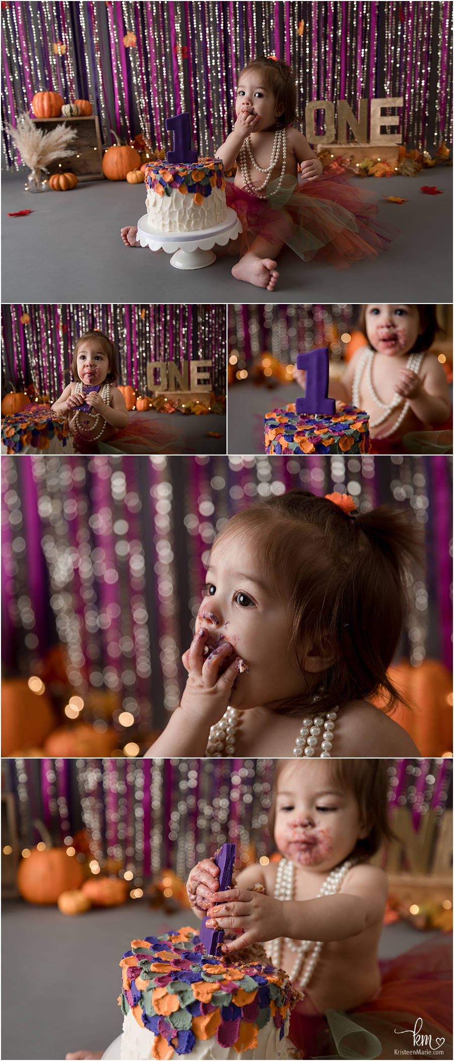 pumpkin themed 1st birthday cake smash - pink, gold, purple, and organge