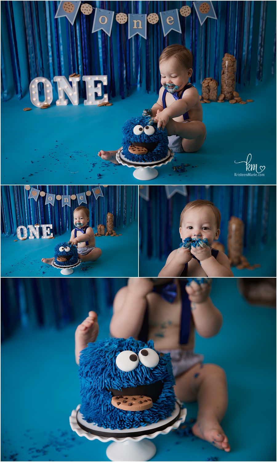 cookie themed cake smash with blue backdrop