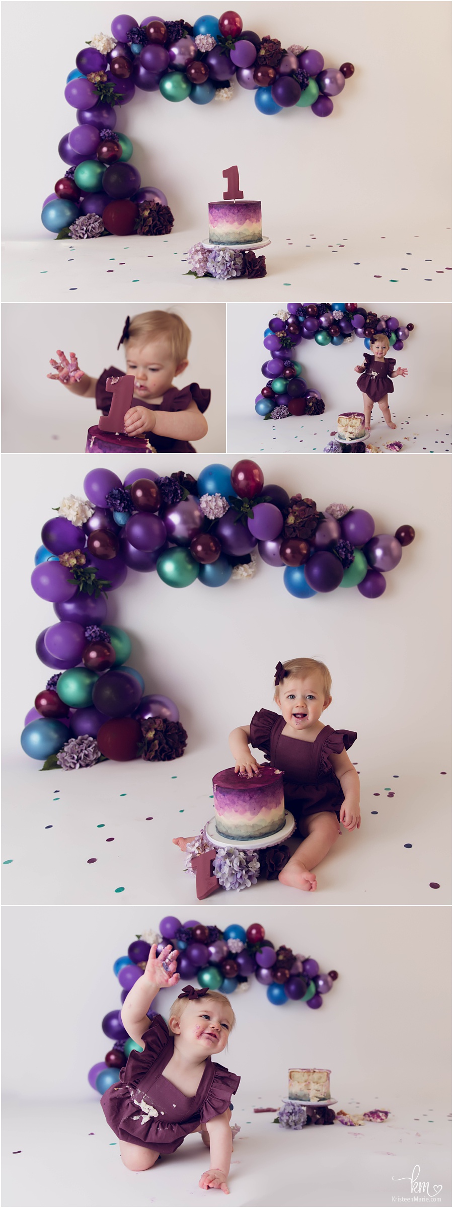 purple and blue 1st birthday balloon garland cake smash session
