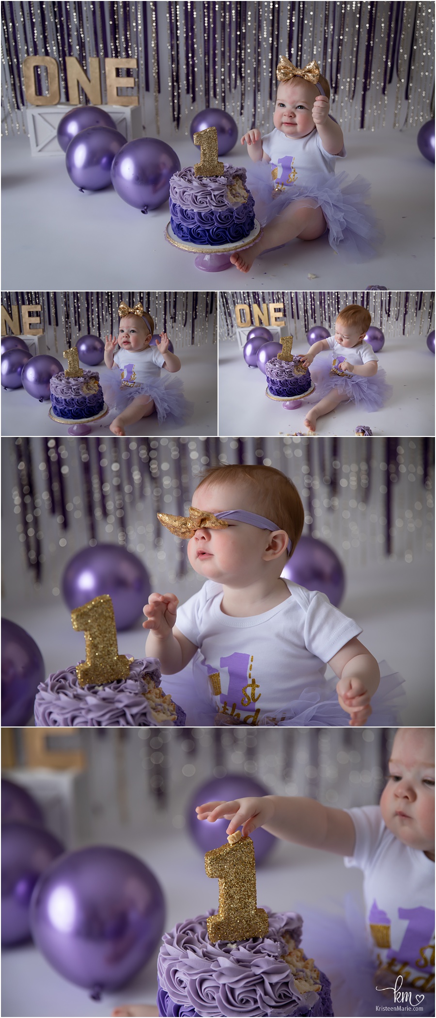 purple and gold 1st birthday cake smash session - cake smash photography with gold glitter