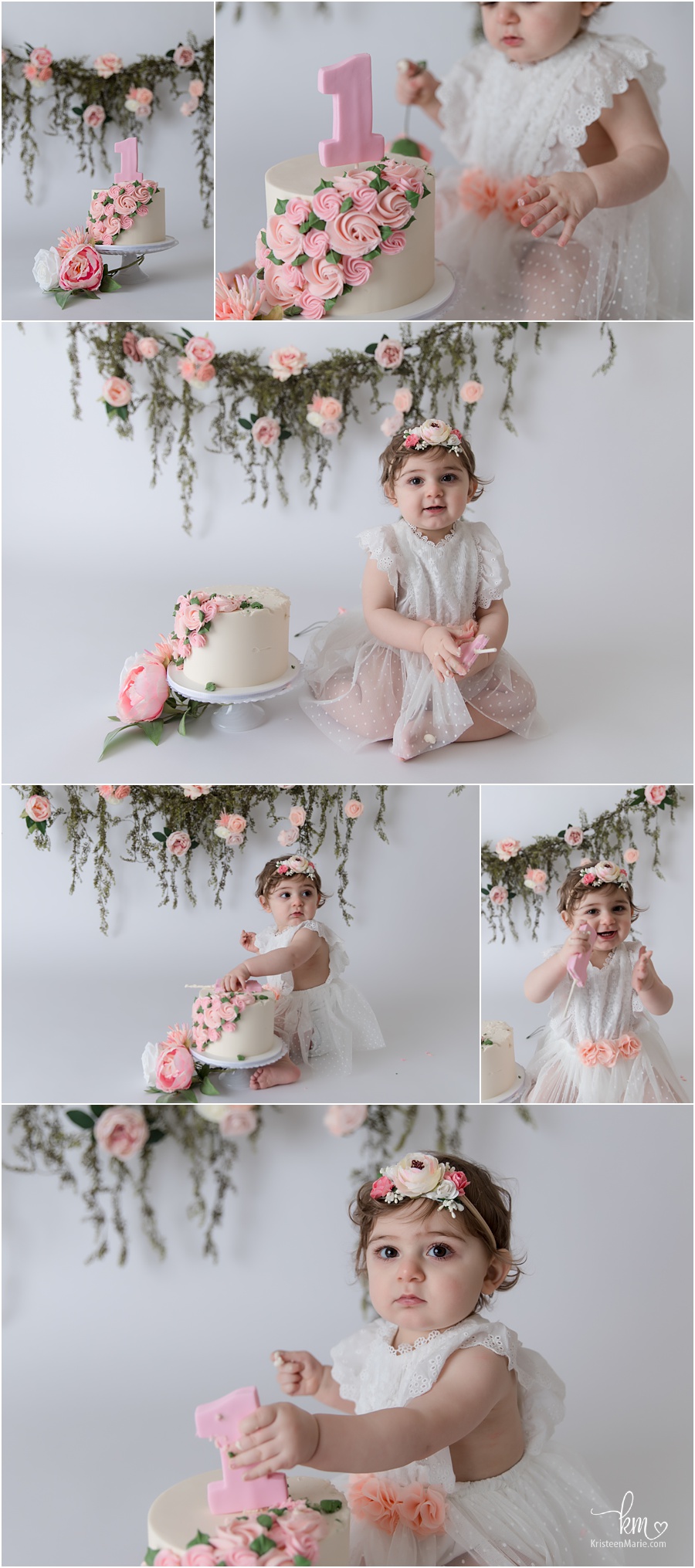 blush pink floral cake smash for garden themed 1st birthday party