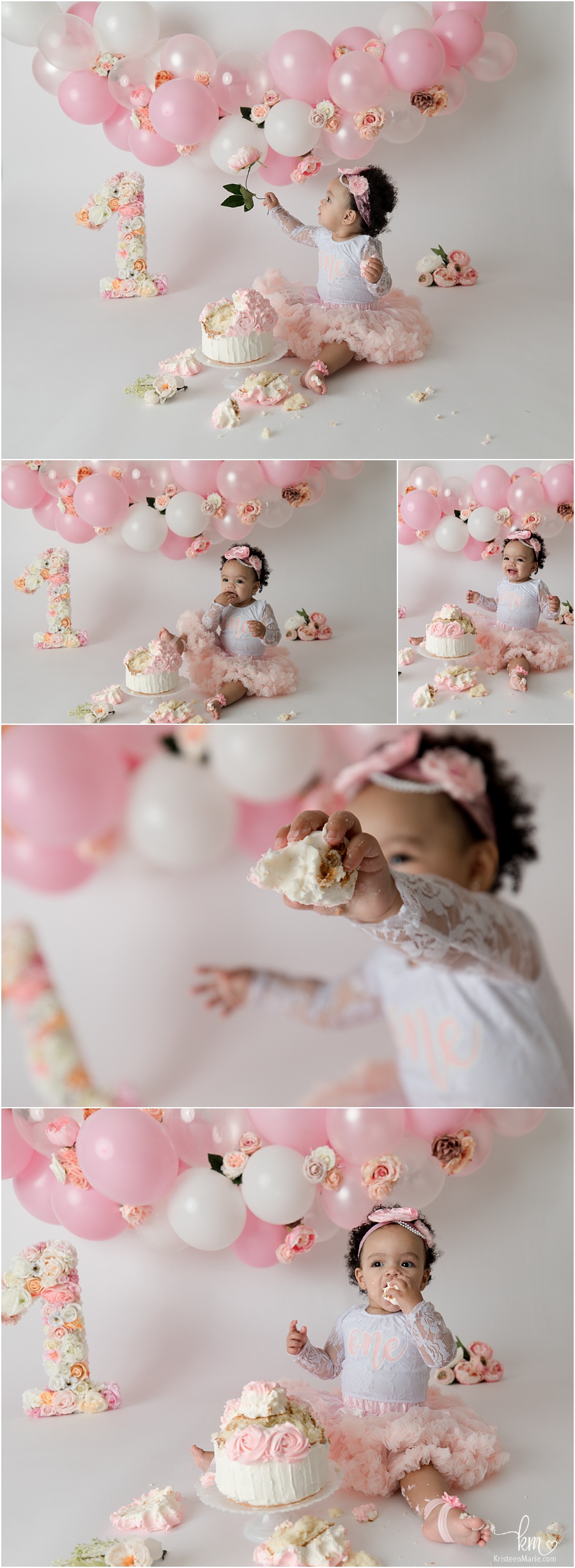 Cake Smash session with pink balloon arch including flowers