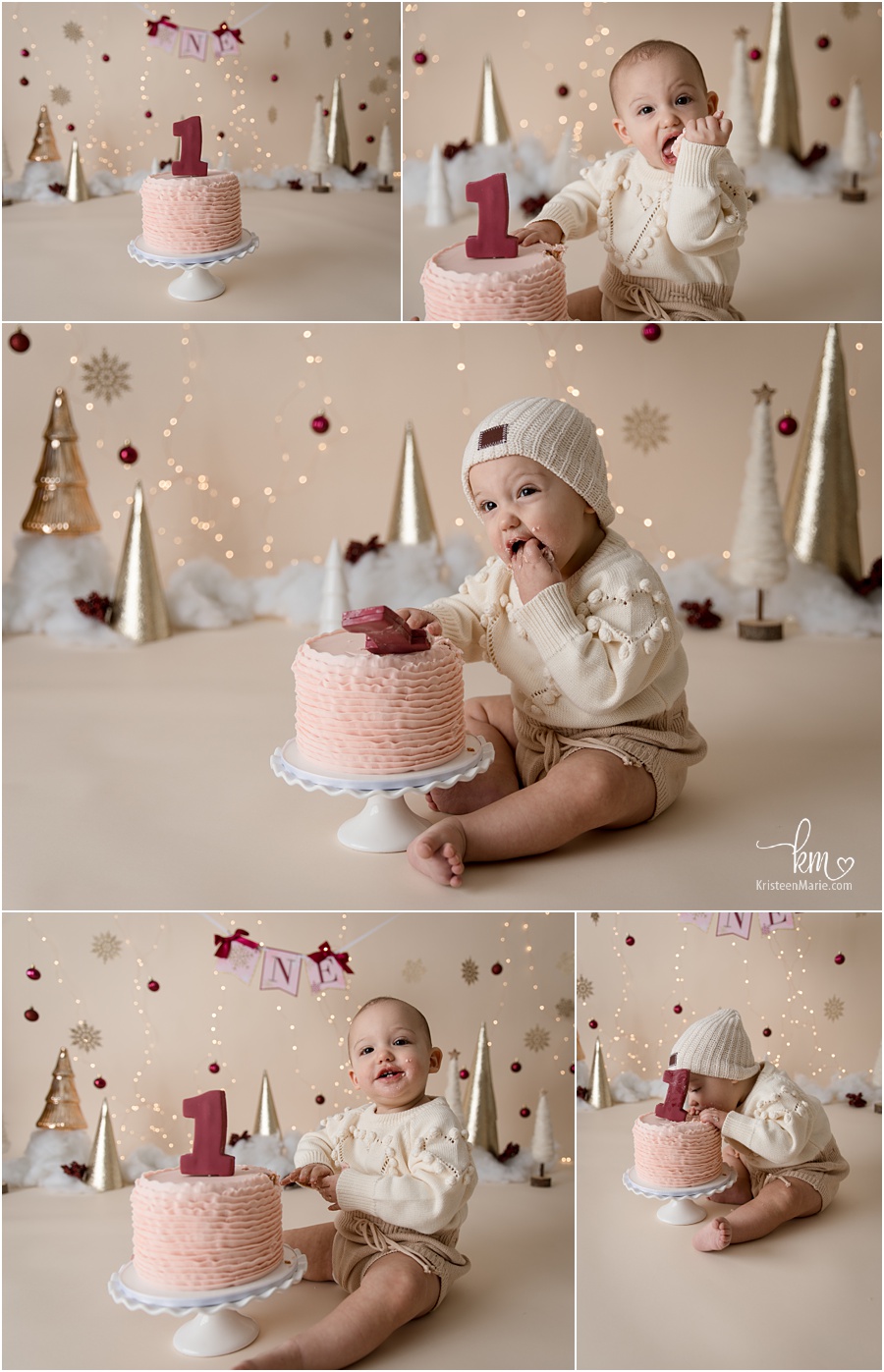 maroon and gold 1st birthday cake smash session winter ONEderland