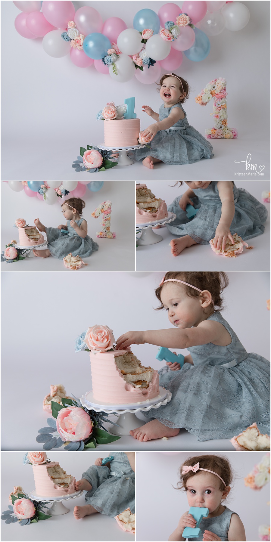 blush, blue, and floral cake smash with balloon arch