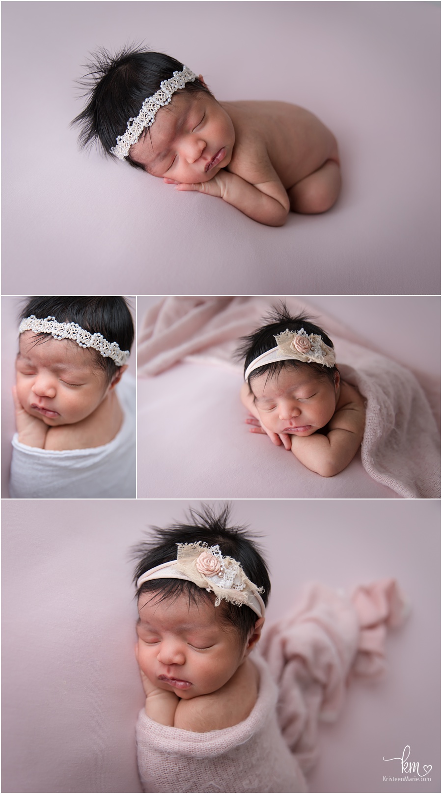 Newborn baby girl on soft pink backdrop