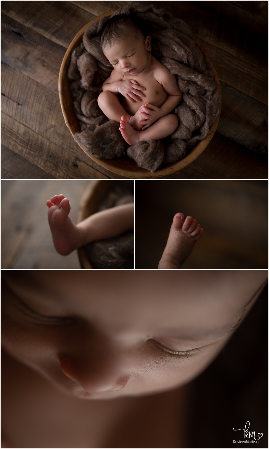 newborn baby features and baby in a bowl