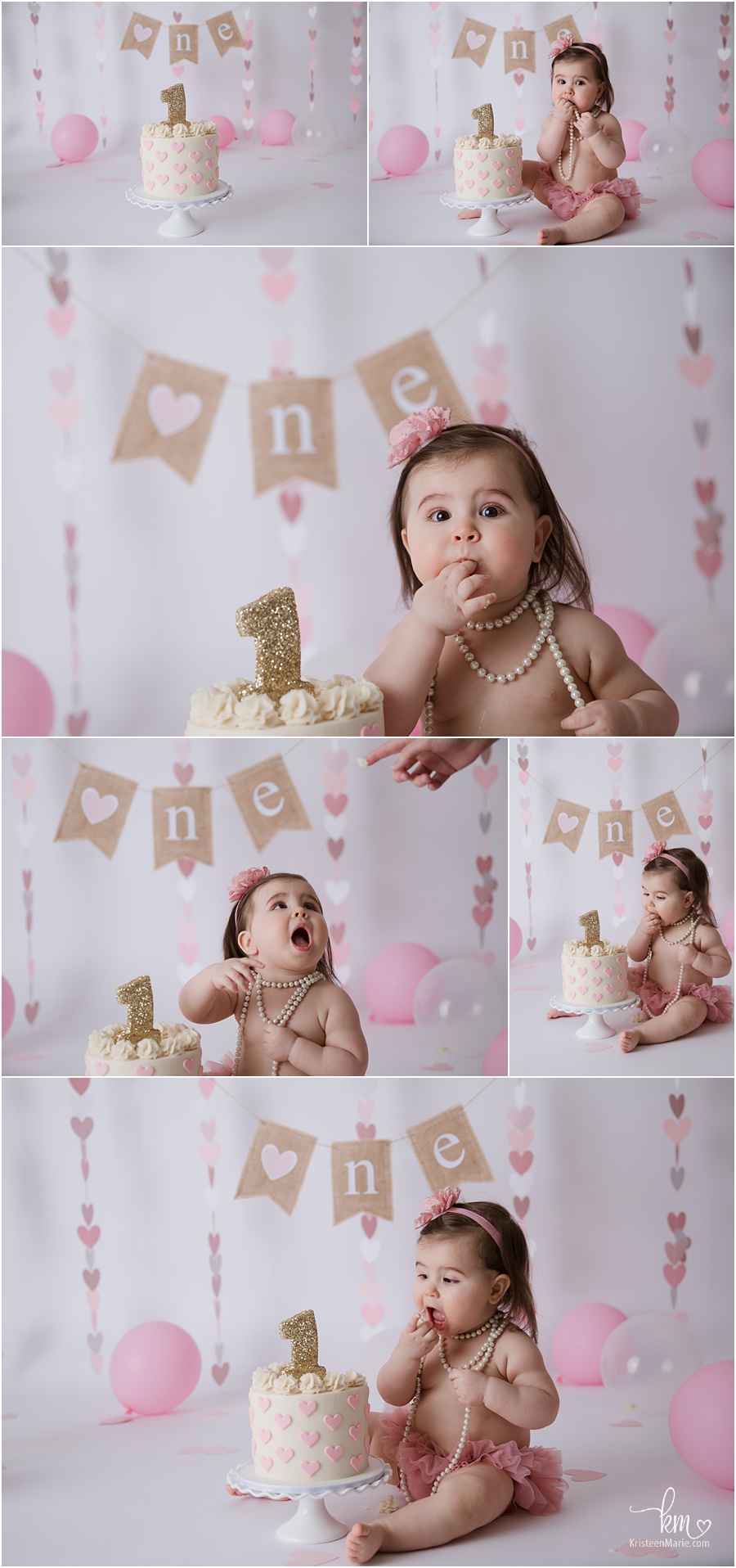pink and gold with burlap heart 1st birthday cake smash - balloons and party