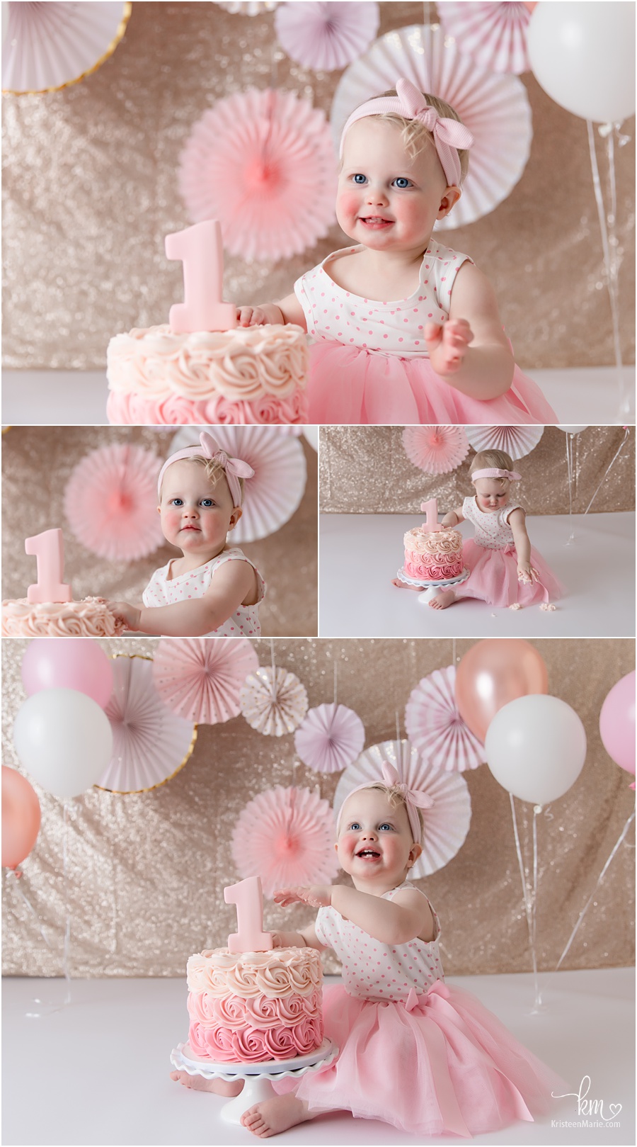 Pink and gold cake smash - fans and balloons