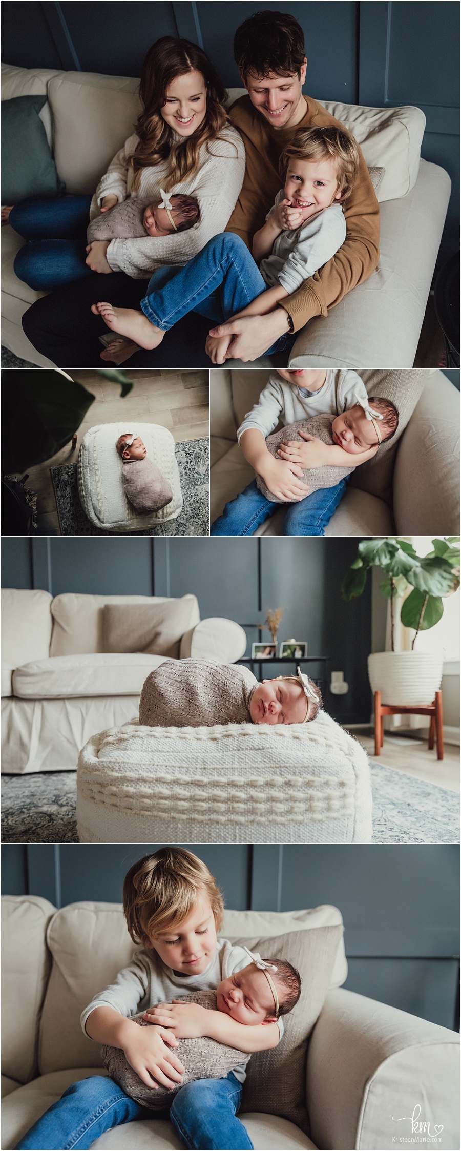 family session against navy wall in-home lifestyle newborn photography in Indianapolis, IN