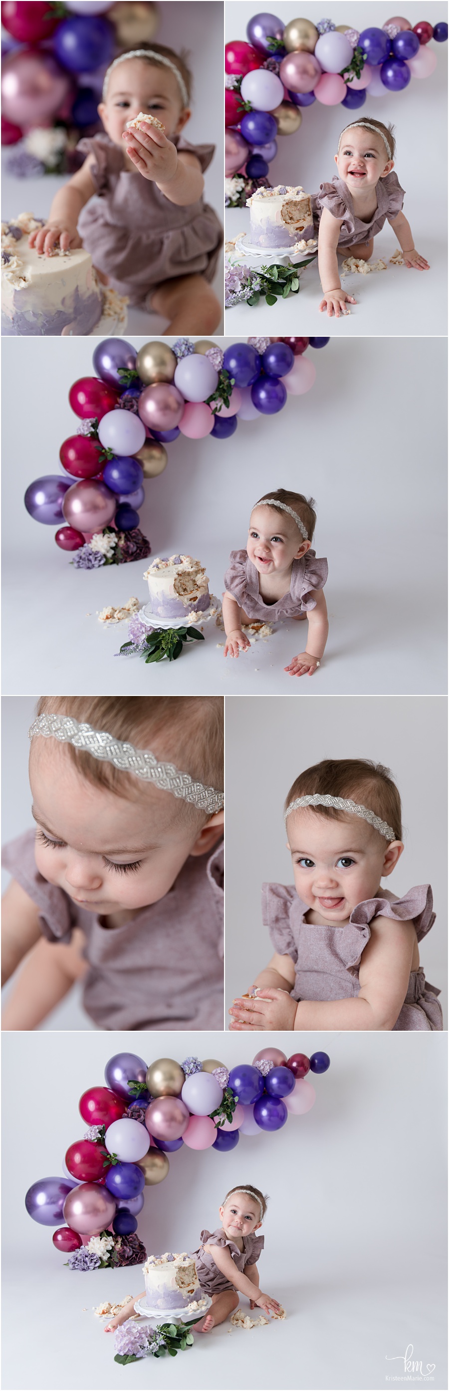 adorable 1st birthday cake smash session - soft purple baloon arch with pink and maroon
