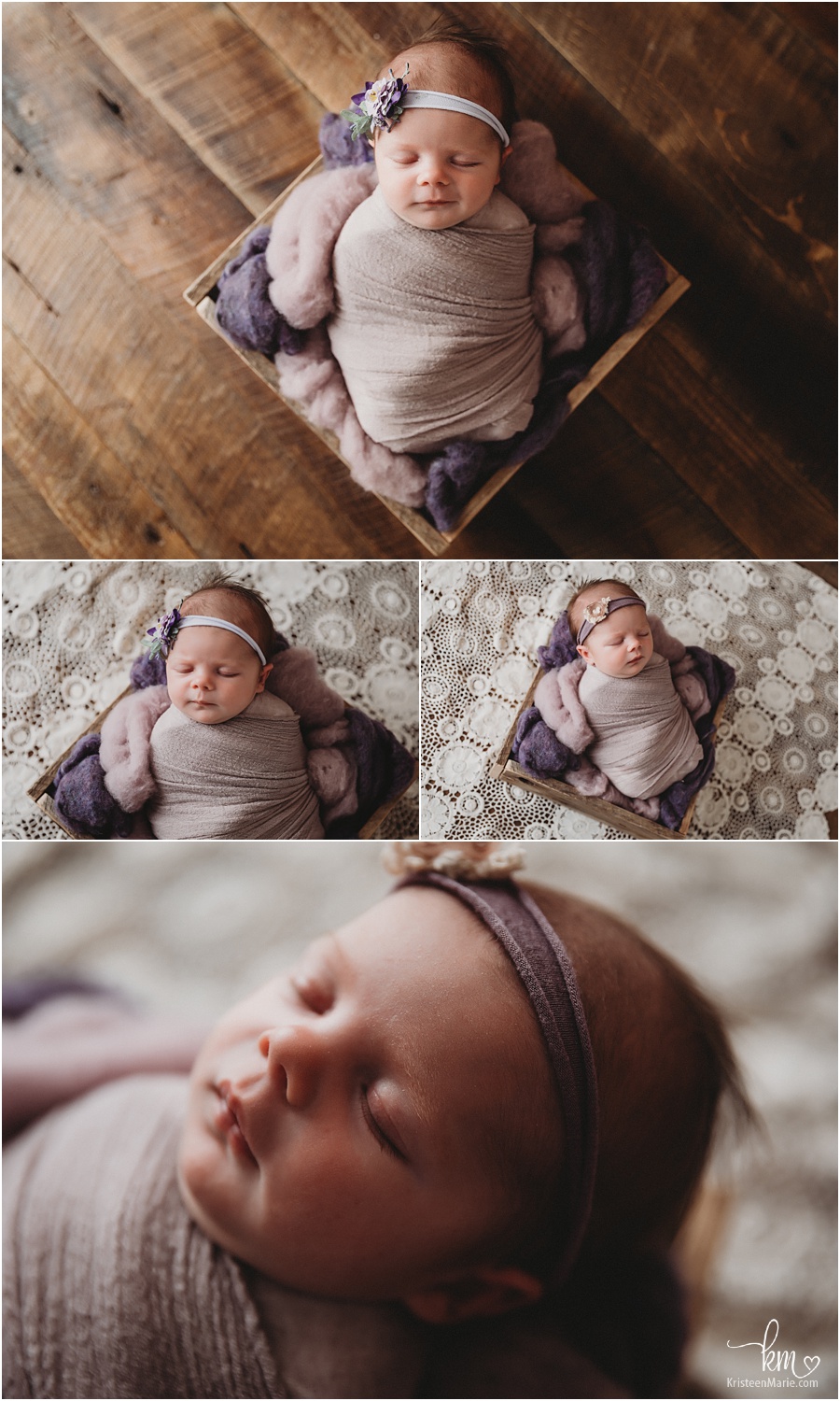 rustic newborn photography with lace, dark wood and purple accents