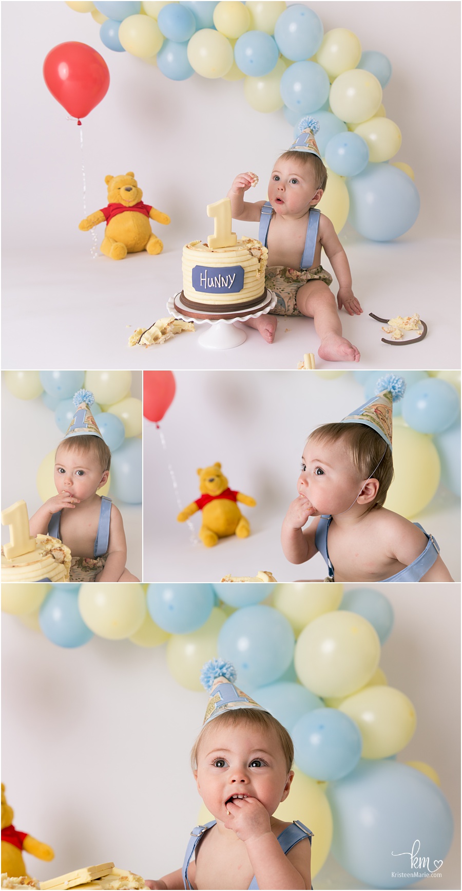 Boy Winnie the Pooh Cake Smash for 1st birthday - blue and yellow