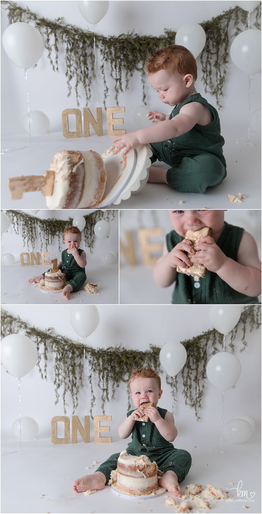 greenery and gold 1st birthday theme - boy boho smash cake
