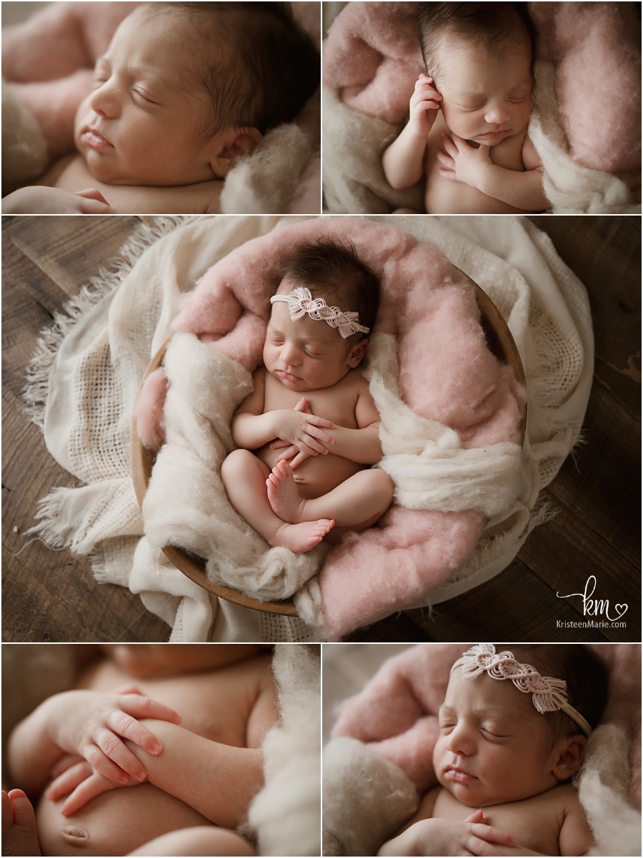 sleeping newborn girl in bowl - boho - blush and cream