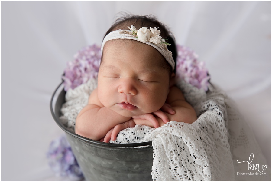 newborn baby girl in a basket with purple flowers