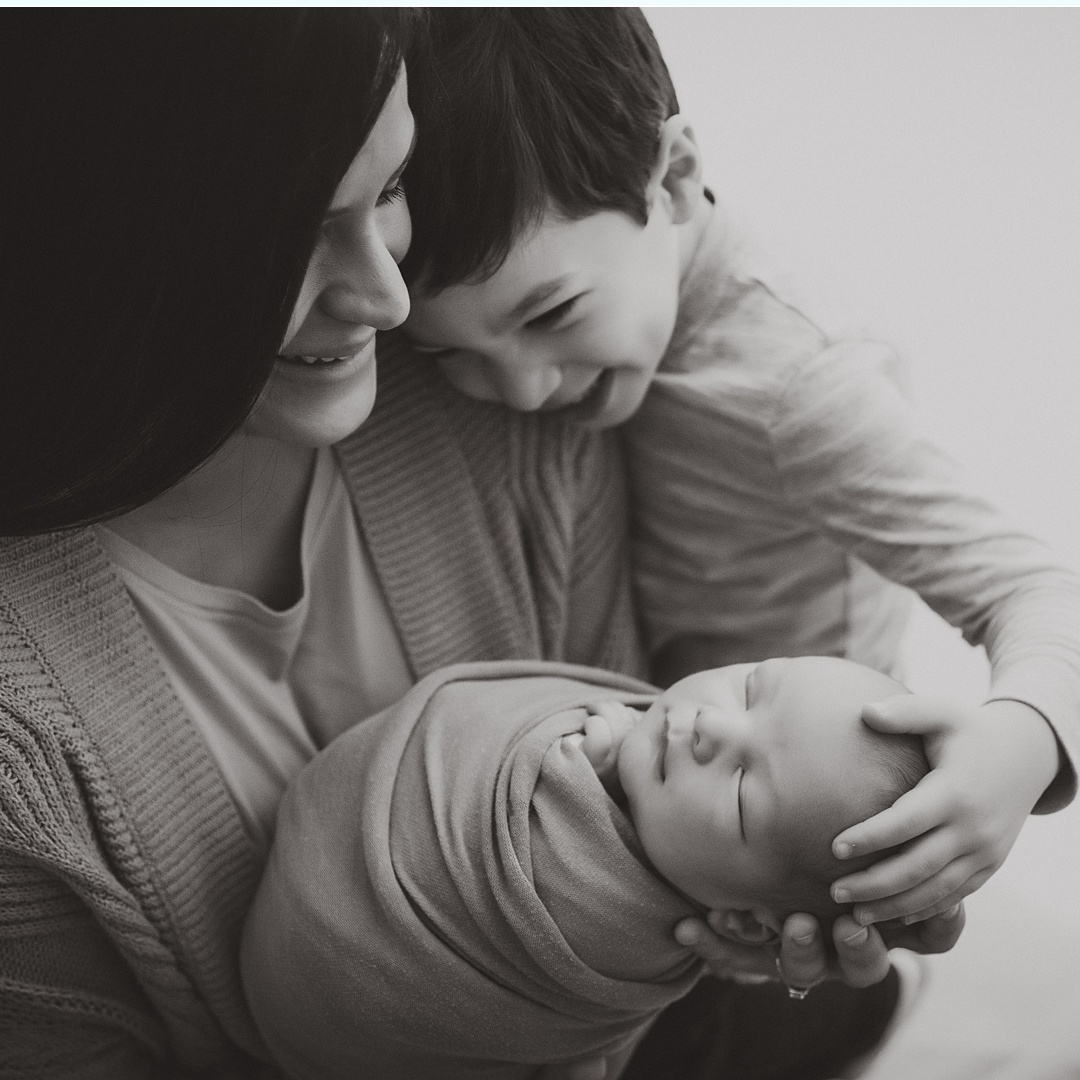mom and her two boys - black and white newborn photography image