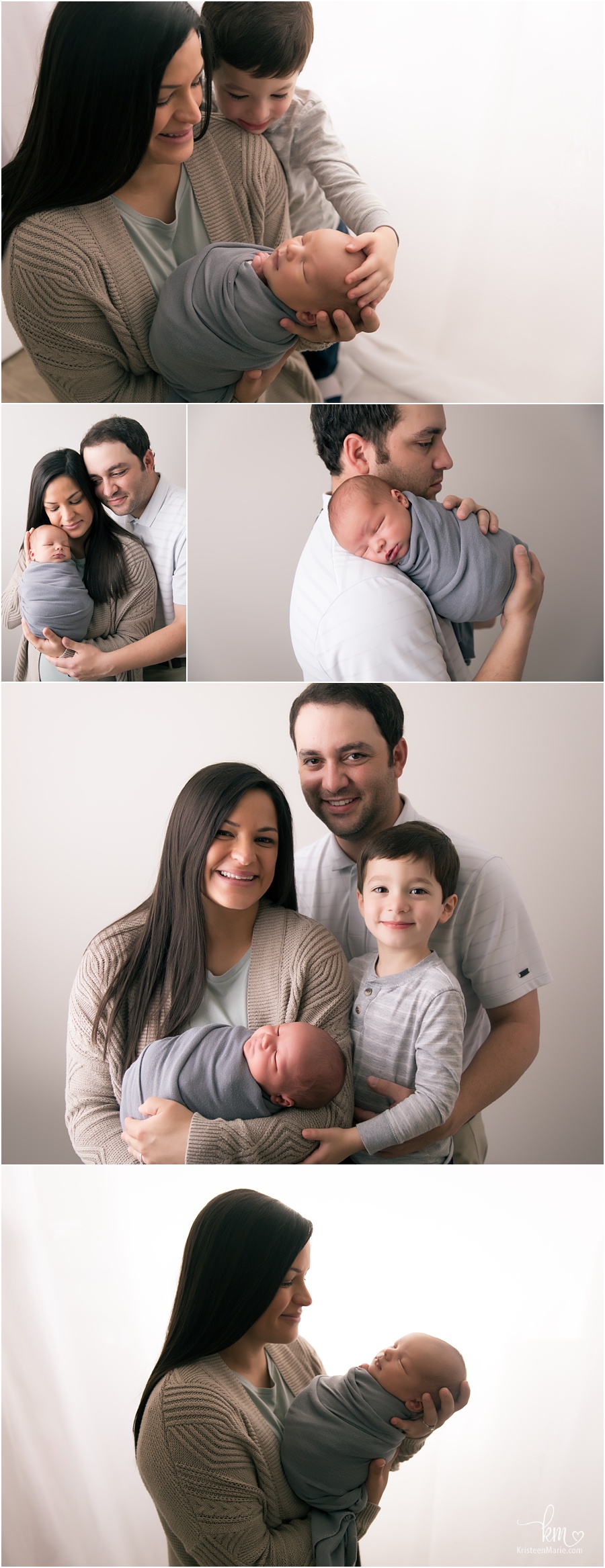 family poses with newborn baby and older brother and parents