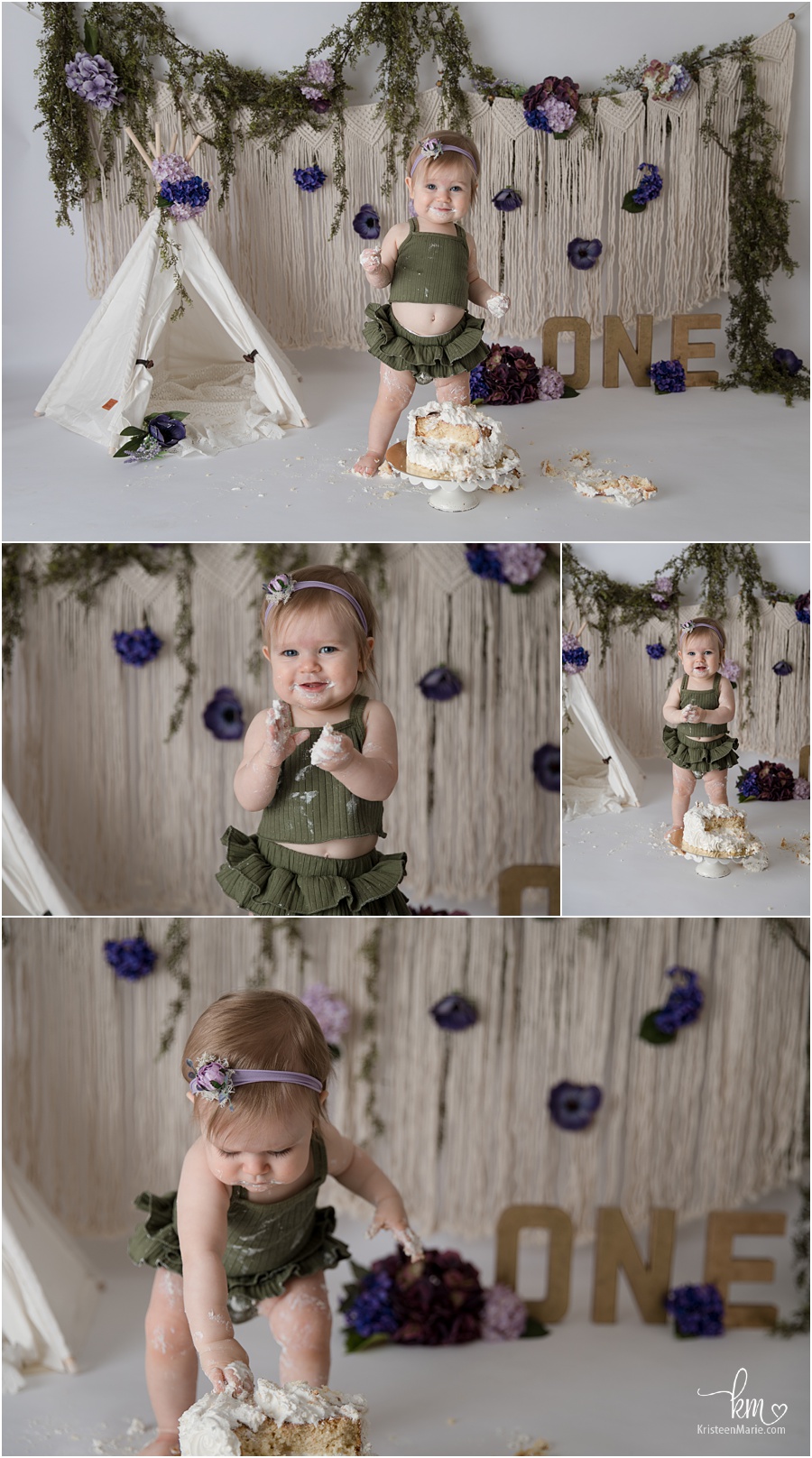purple and green cake smash for little girl - floral and boho elements