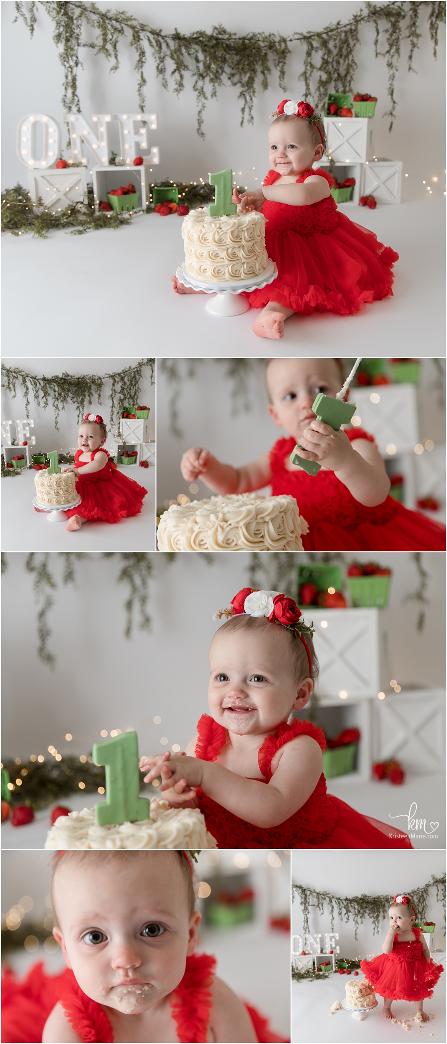 Strawberry cake smash session - green and red with greenery