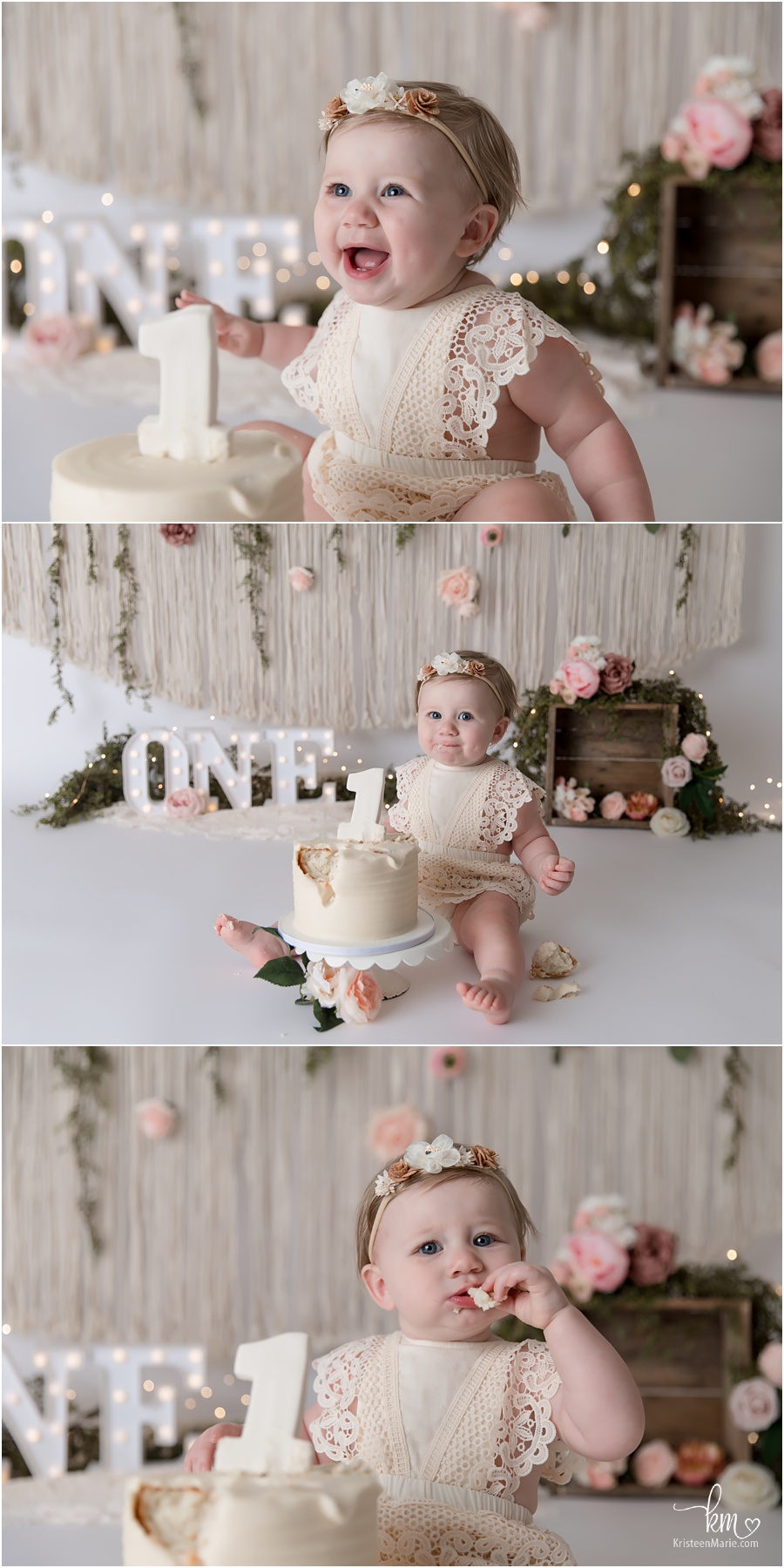 blush boho 1st birthday photography - cake smash 