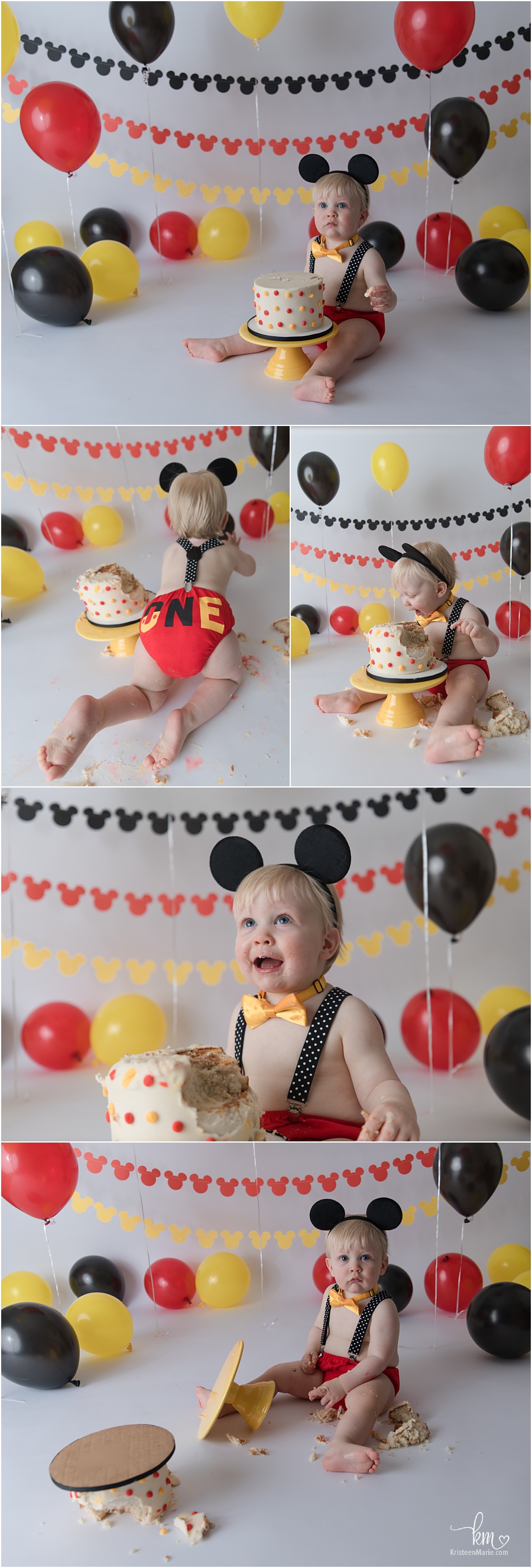 Yellow, red, black 1st Birthday Mickey Mouse Cake Smash Session