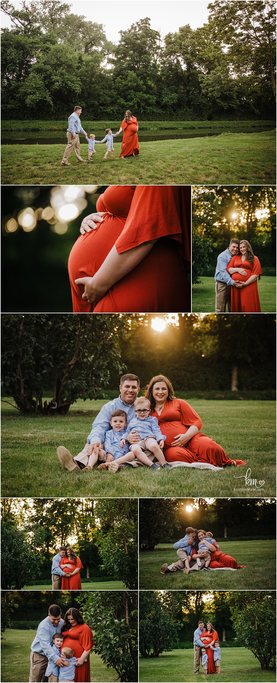 Outdoor maternity session with two boys and mom in red