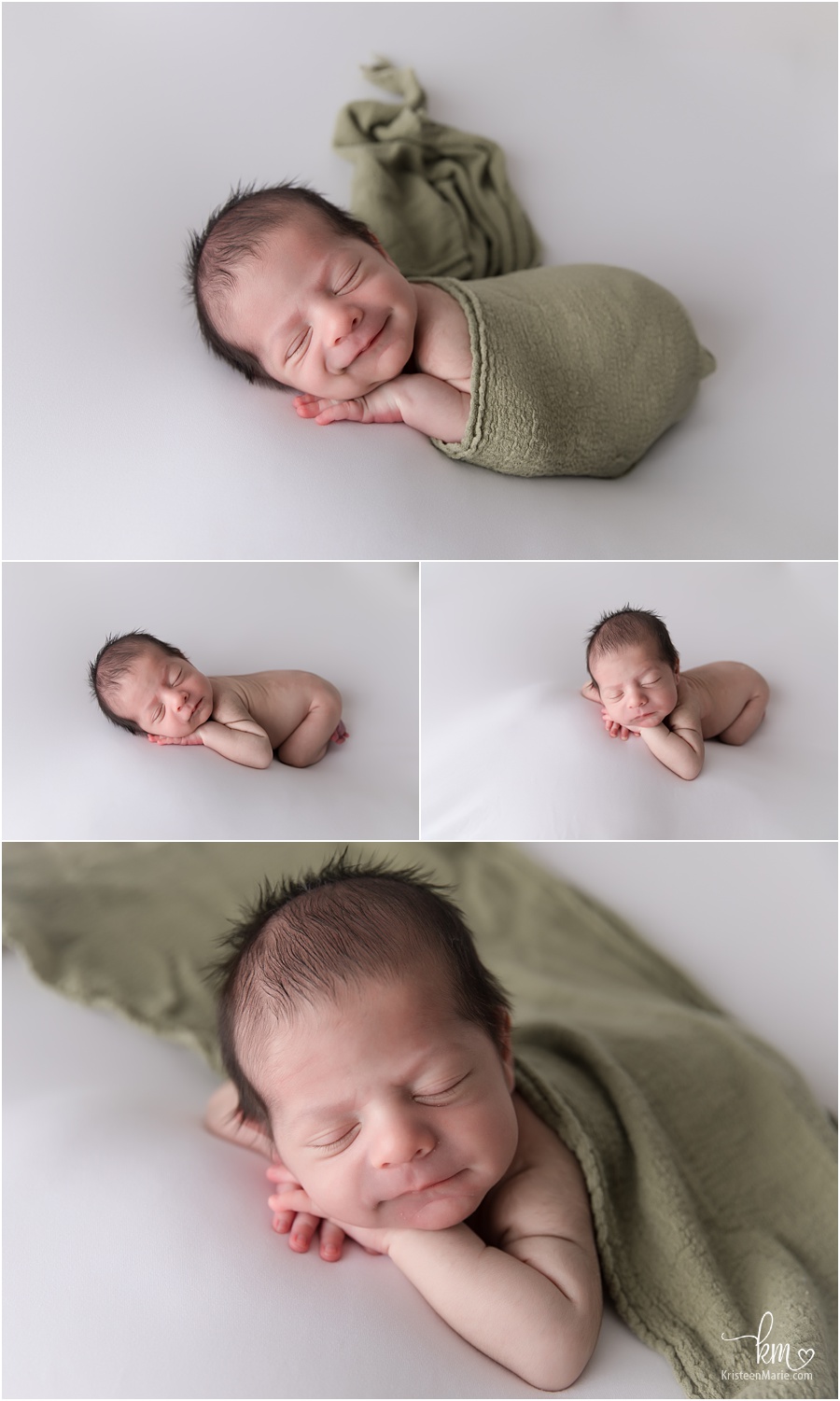 smiling newborn baby in photography studio