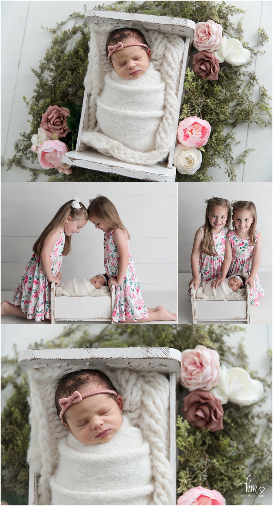 family pictures with twin girls and newborn baby
