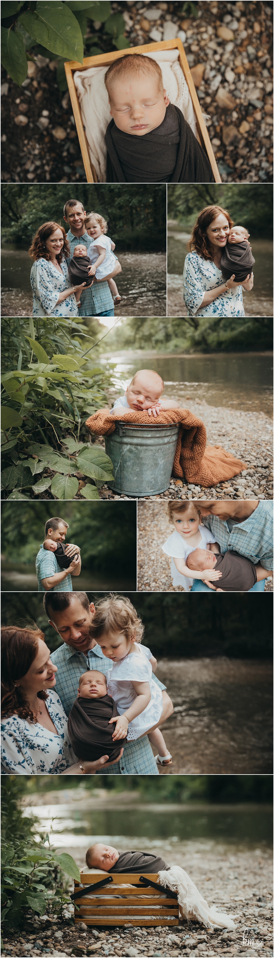 outdoor newborn photography at creek - baby in box and bucket