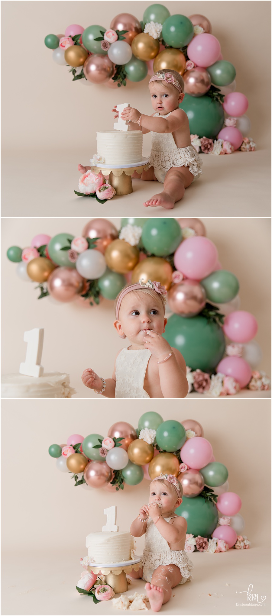 floral balloon arch in pink and gold with mint green - first birthday cake smahs pictures