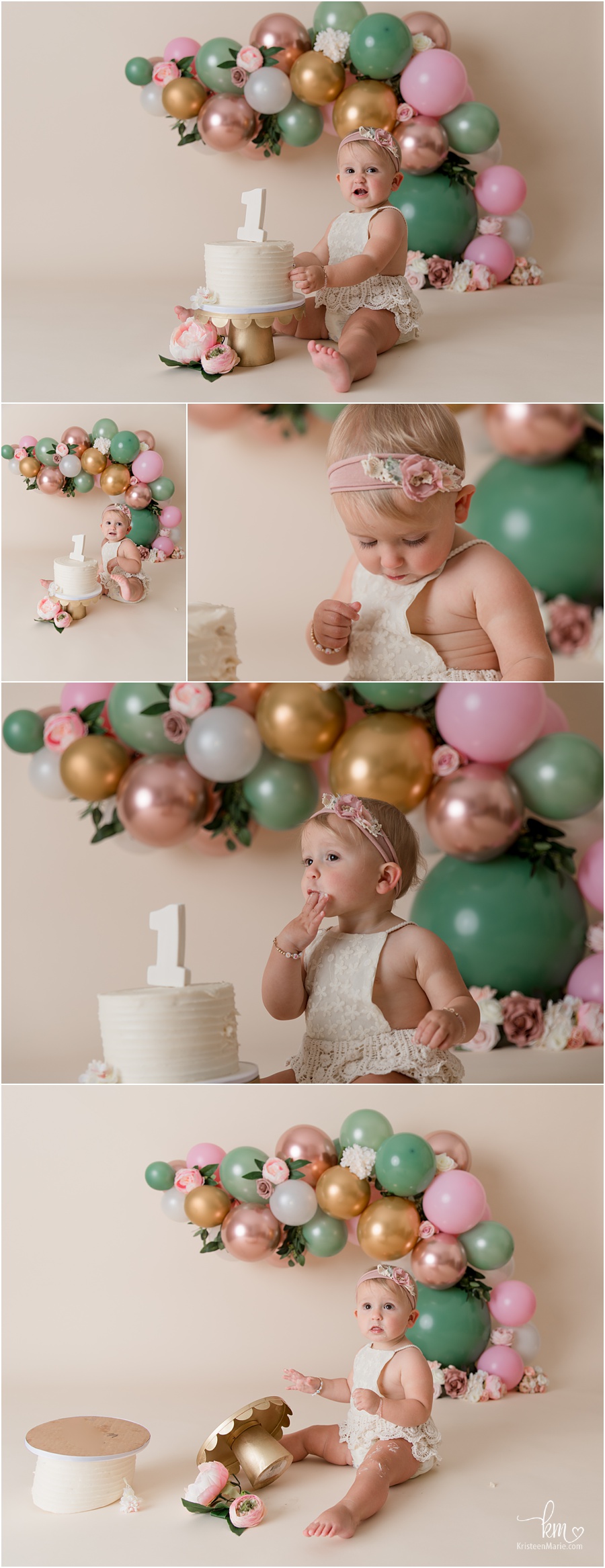  mint, pink, blush, and gold ballon arch for 1st birthday cake smash photography