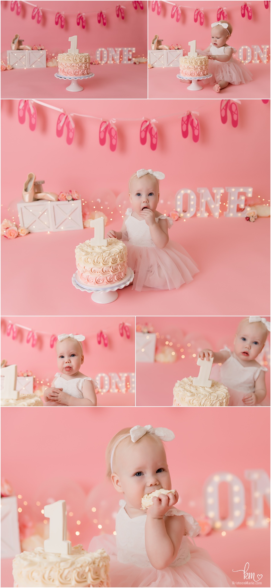 baby ballerina 1st birthday cake smash photography